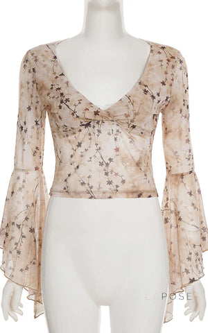 Elaina Printed Bell Sleeve Mesh Top
